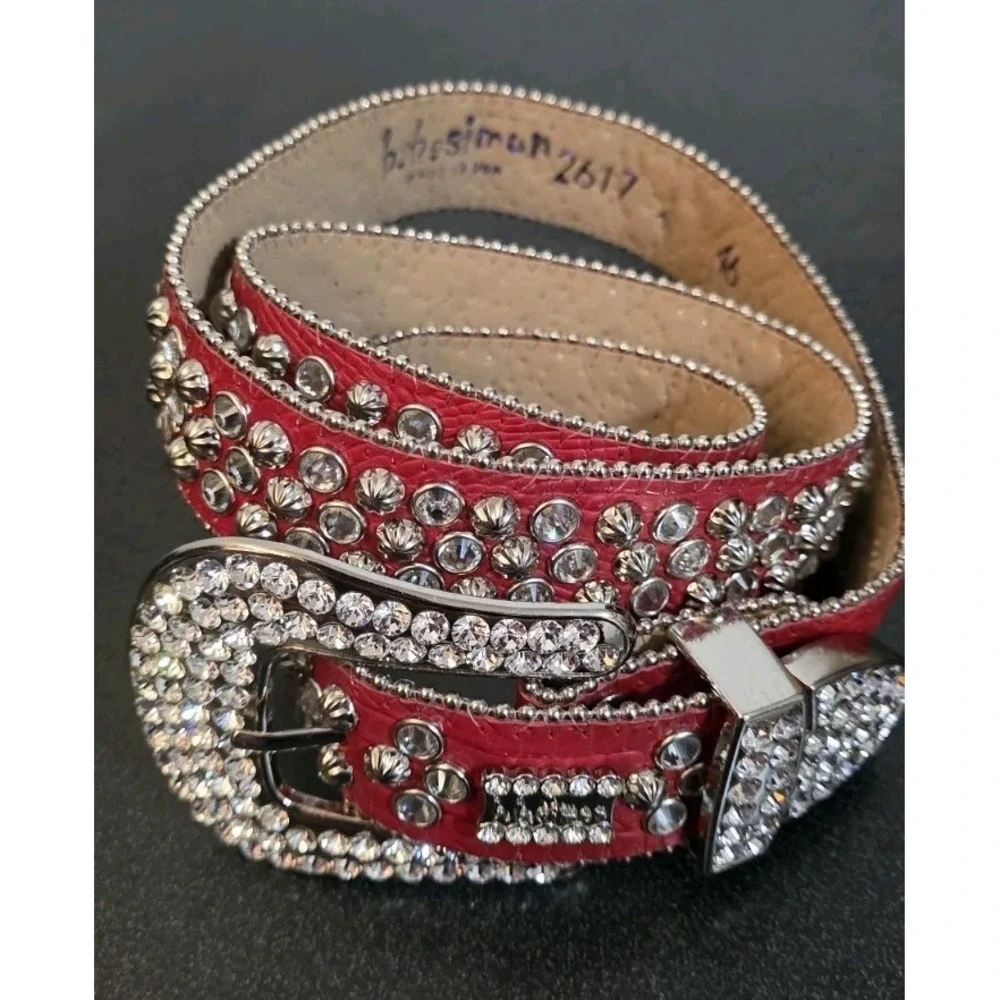 NEW B.B SIMON 2617 RED BELT W/ ALL SILVER CRYSTALS AND‎ PARACHUTE STUDS RODEO 46